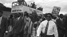 1994: The Rev. Allan Boesak (right) and former South African President Nelson Mandela participate in a reenactment of Mandela's walk after being released from prison. (Photo from Getty Images)