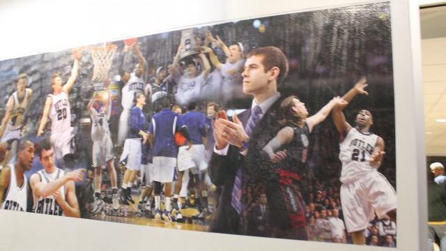 A men's basketball mural in the hallway of Hinkle Fieldhouse. Photo by Amy Street
