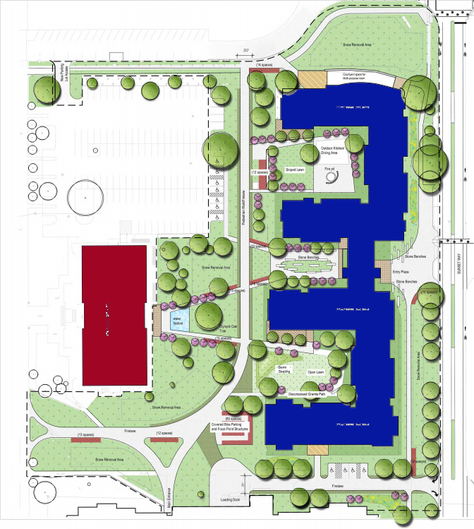 The blue region represents the new student-housing facility set to open in August 2016.