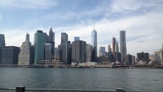 Manhattan skyline from a water taxi's point of view.