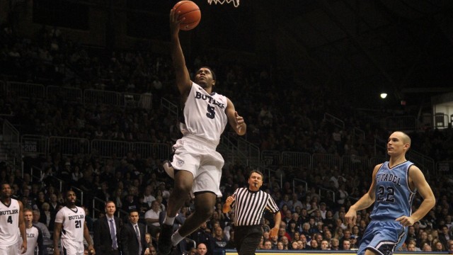Graduate transfer Jordan Gathers (5) had 7 points on Wednesday, the most he's scored in a Butler uniform. (Photo by Nora Navin)