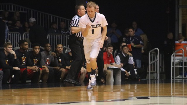 Butler's Tyler Lewis (1) played 31 minutes and recorded 12 points, 5 assists and 3 rebounds in the team's 93-66 win over VMI on Monday. (Photo by Jimmy Lafakis)