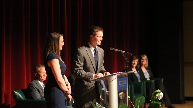 Photo by Jimmy Lafakis Seniors Jenny Hinz and Chad Pingel talked about Lacy's impact on them.