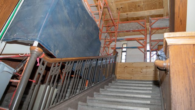 Construction of repairing leaks begins on Jordan Hall stairwell