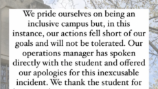 Text reads: "To the students who shared photos of a Butler vehicle blocking a handicap ramp and parking in handicap spots without proper permits: We pride ourselves on being an inclusive campus but, in this instance, our actions fell short of our goals and will not be tolerated. Our operations manager has spoken directly with the student and offered our apologies for this inexcusable incident. We thank the student for bringing this matter to our attention and for allowing us to use this as a teachable moment that will improve our University as we move forward together."