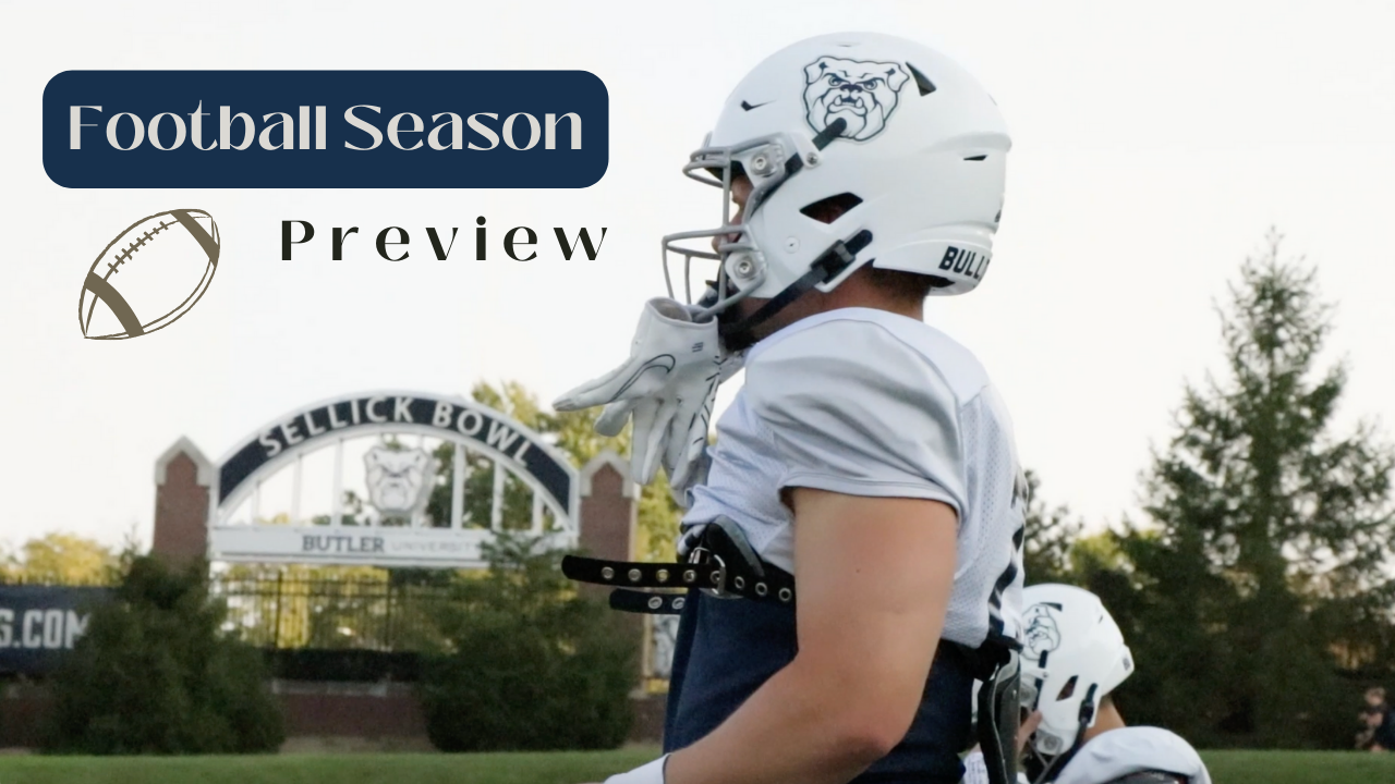 ID: Football player with a bulldog on his helmet practicing in the Sellick Bowl. Behind him is the entrance to the field with the Sellick Bowl sign. The title reads Football Season preview with a football icon beneath it.